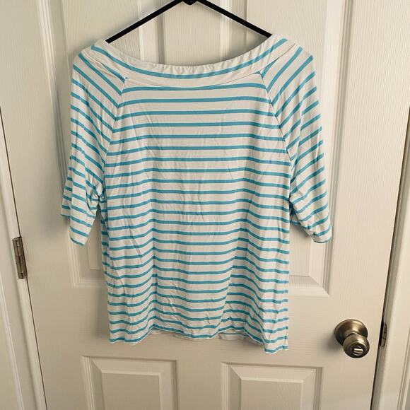 Talbots Tee 3/4 Sleeve Top Womens L Aqua White Striped Minimalist Quiet Luxury - Picture 4 of 4